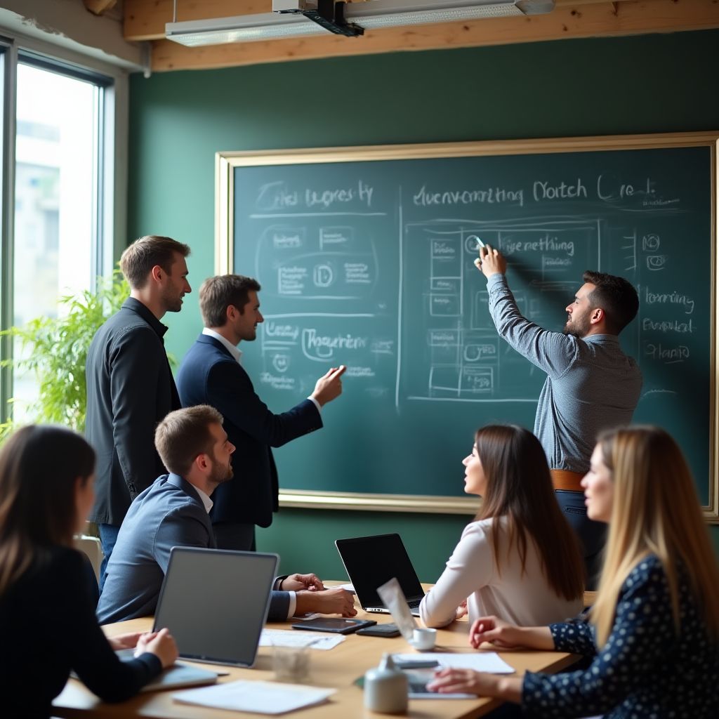 Oficina moderna de consultoría empresarial con equipo trabajando en equipo