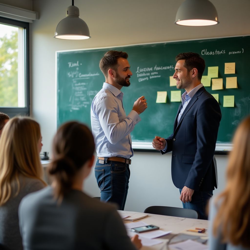 Equipo de consultores guiando un workshop empresarial con pizarras llenas de notas