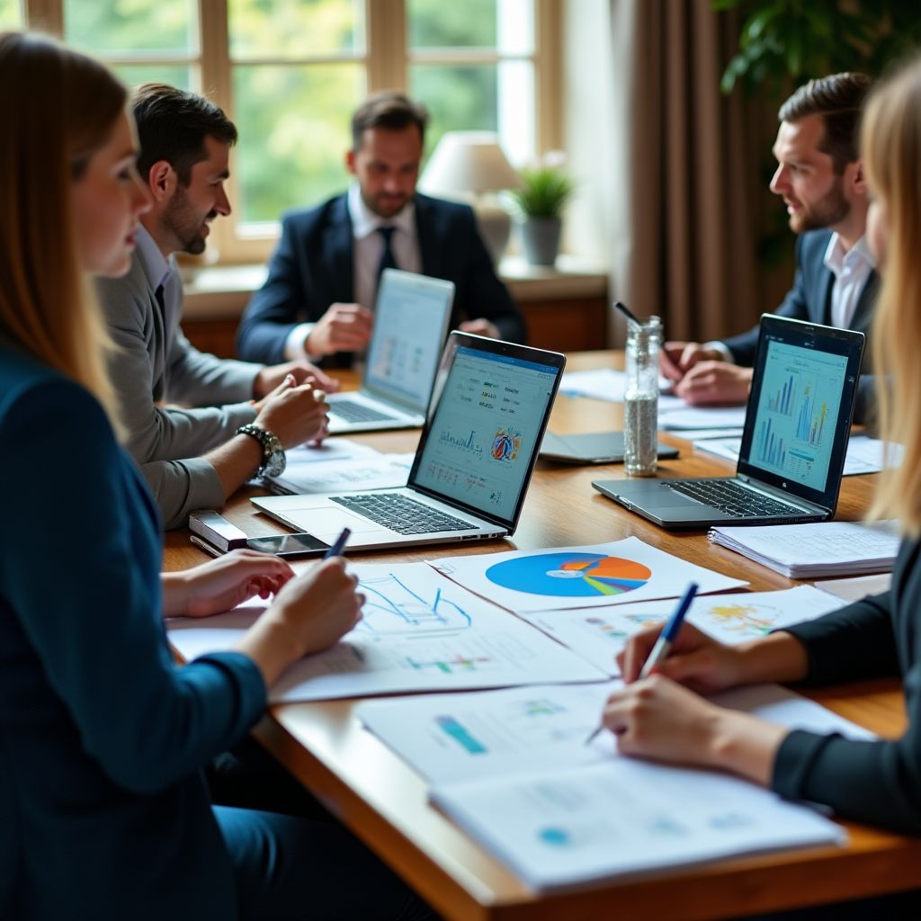 Mesa de trabajo con laptops y análisis de datos durante consultoría