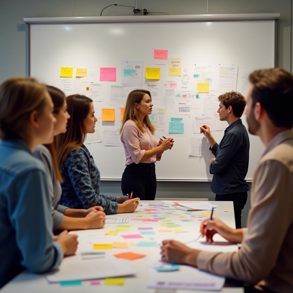 Brainstorming moderno en consultoría, grupo creativo en acción