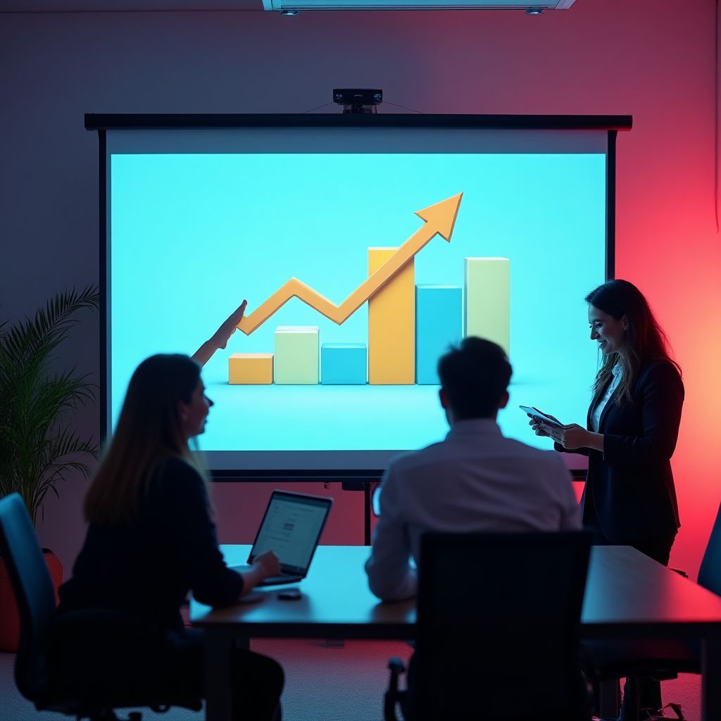 Presentación de resultados positivos de consultoría en pantalla grande