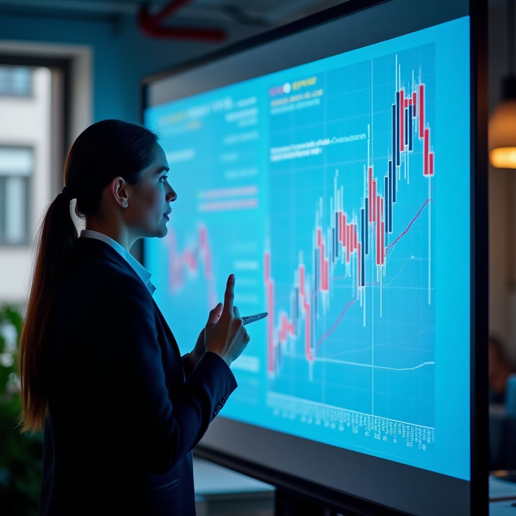 Consultor explicando datos financieros a grupo empresarial